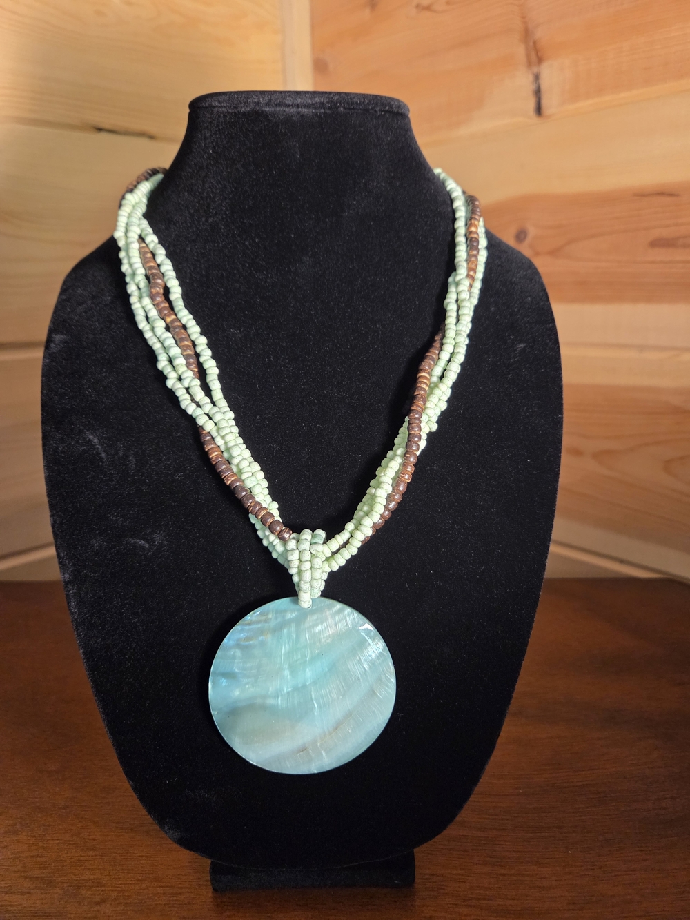 Mint Green & Brown Beaded Necklace with Green Shell Pendant